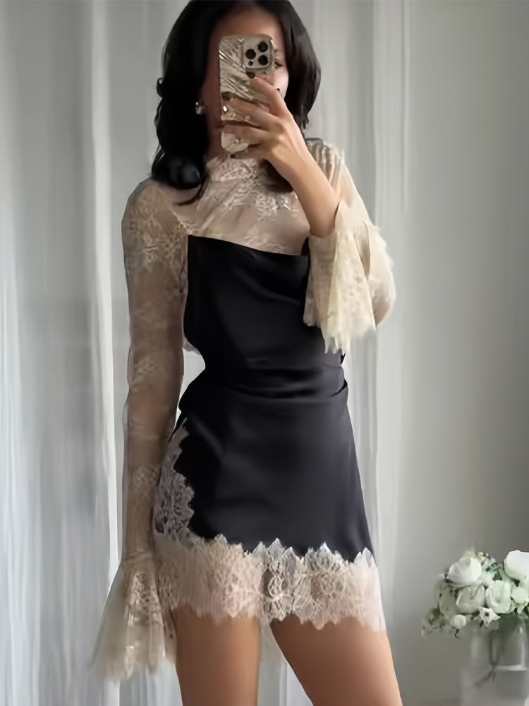 Damen Abendkleid Chiffon mit Spitzendetails und schwingenden Ärmeln