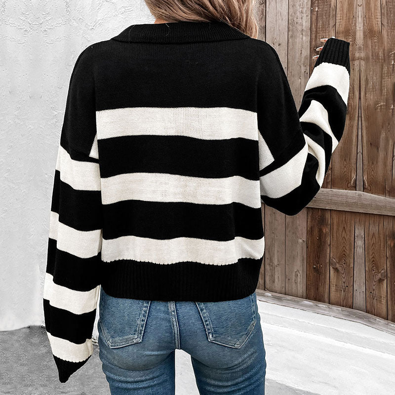 Damen Pullover Gestreift V-Ausschnitt Langärmlig Eveloria