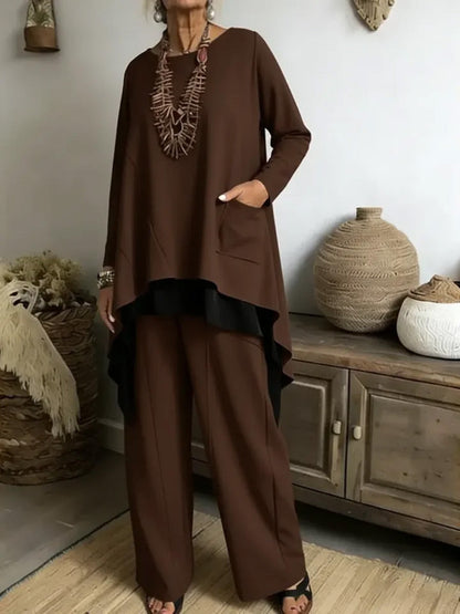 Damen Ensemble Asymmetrisches Oberteil Weite Hose Eveloria