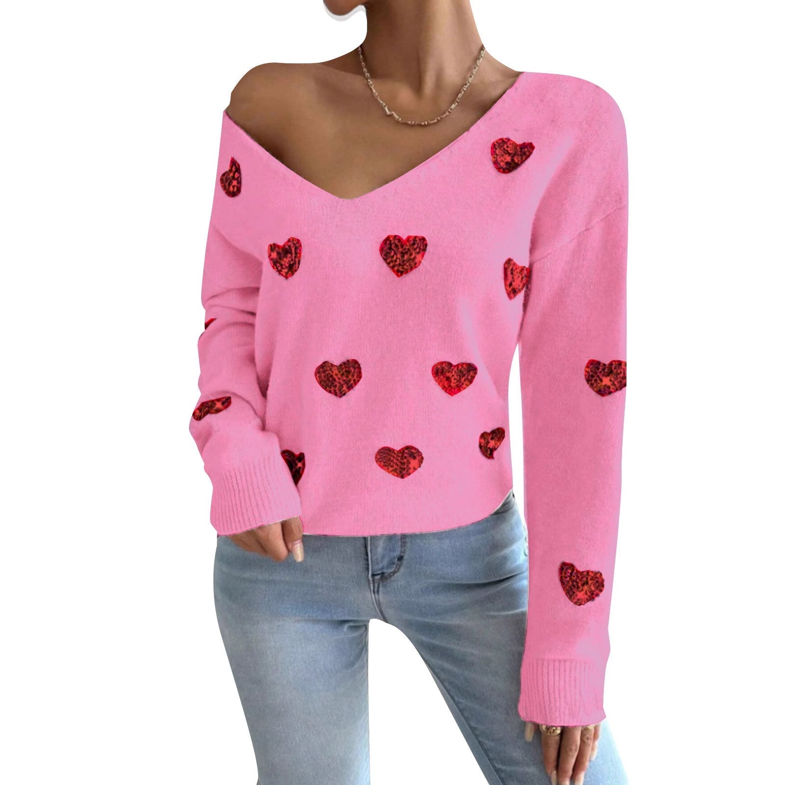 Damen Oversized Pullover V-Ausschnitt Herzmotiv - Eveloria