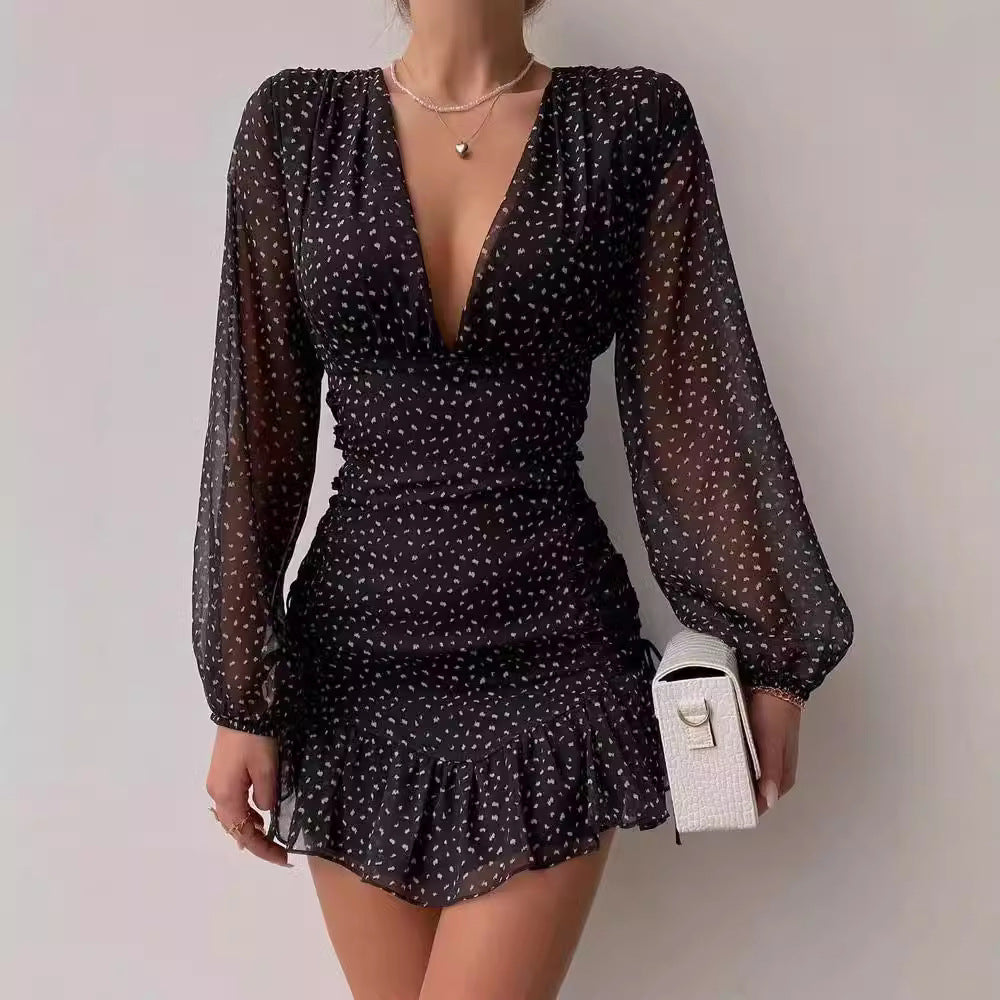 Damen Minikleid V-Ausschnitt Puffärmel Rüschen Elegant