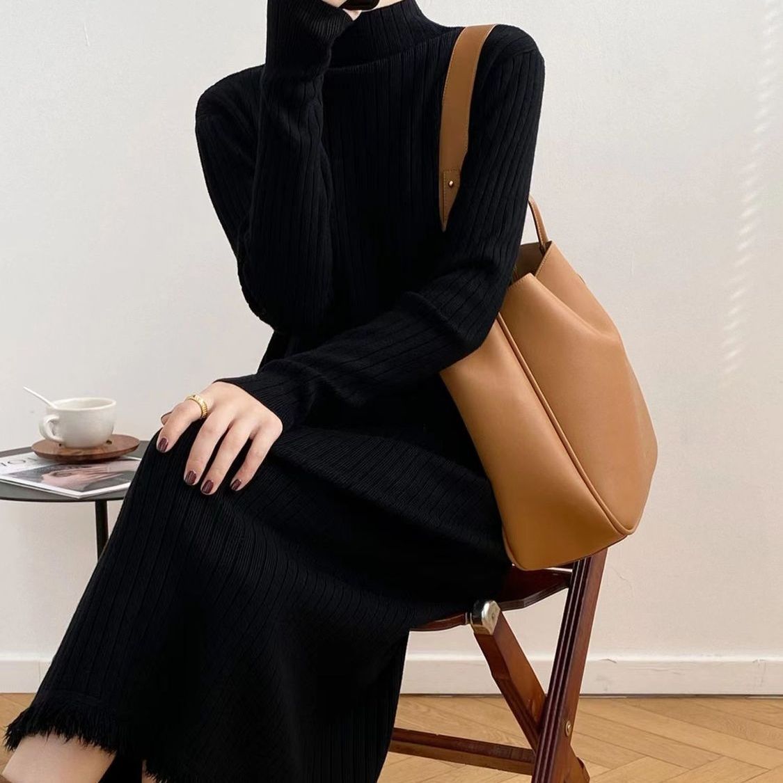 Damen Langarm Strickkleid Rippdesign Flauschig Anthrazit