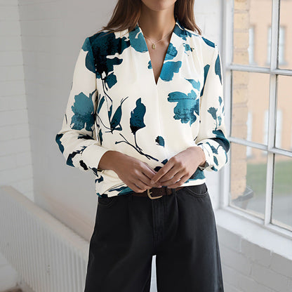 Damen Bluse Floralmuster Modernes Revers Eveloria
