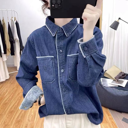 Damen Denim Bluse Kontrastkragen Blau