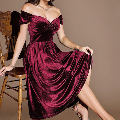 Damen Samt-Kleid Midi tiefes V-Neck elegante Taille