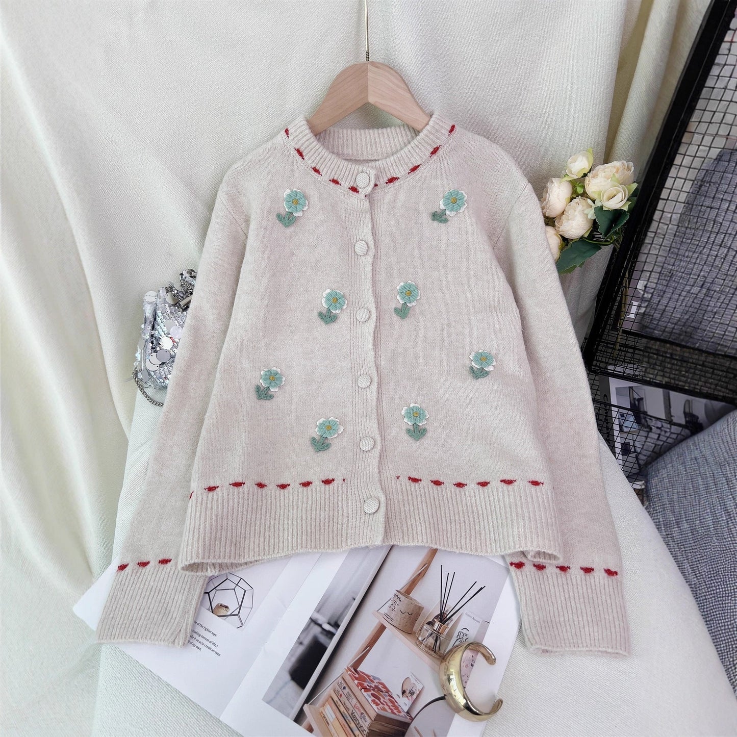 Damen Strickjacke Florales Muster Knopfverschluss