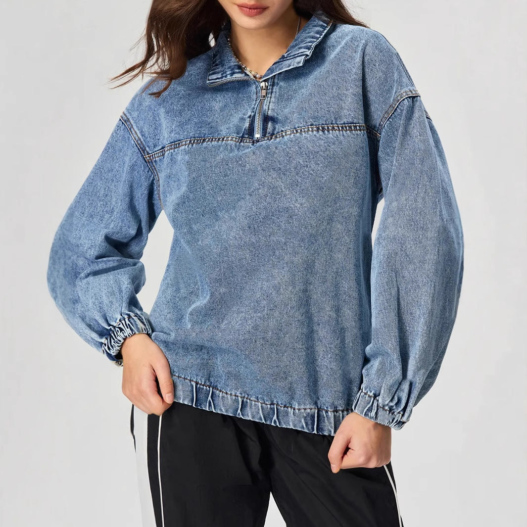 Damen Denim-Pullover Stehkragen Reißverschluss Blau Eveloria - Eveloria