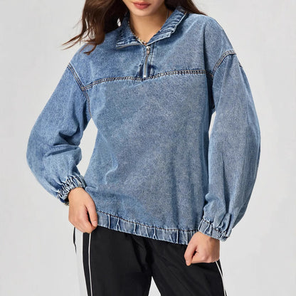 Damen Denim-Pullover Stehkragen Reißverschluss Blau Eveloria - Eveloria