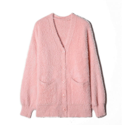Damen Strickjacke Flauschig Mit Taschen Breites Revers Beige
