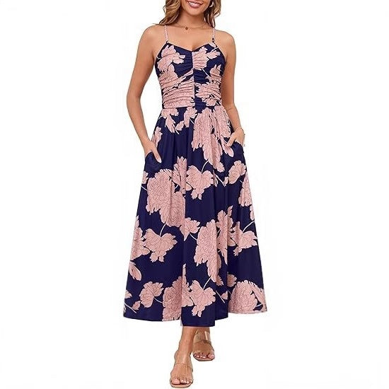 Damen Maxikleid Schmale Träger Baumwolle Mit Seitentaschen Beige