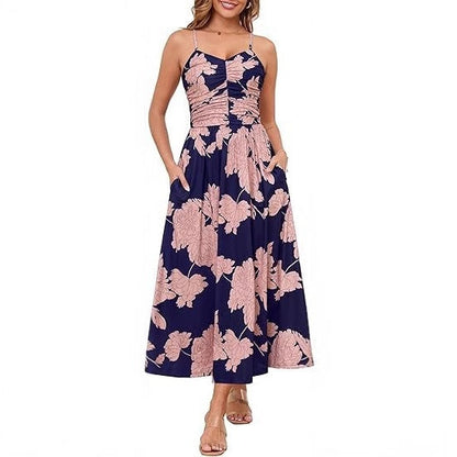Damen Maxikleid Schmale Träger Baumwolle Mit Seitentaschen Beige