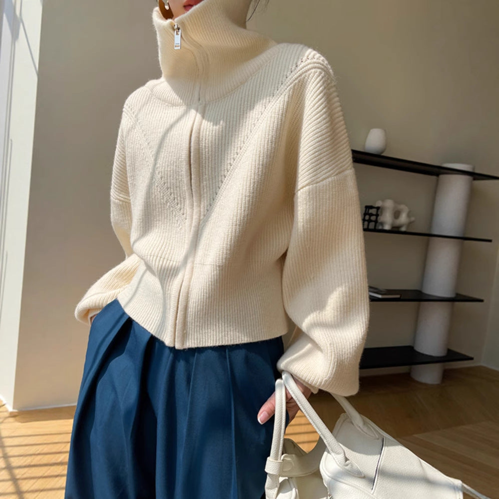 Damen Grobstrick Pullover Übergroß Hohler Kragen Beige - Eveloria