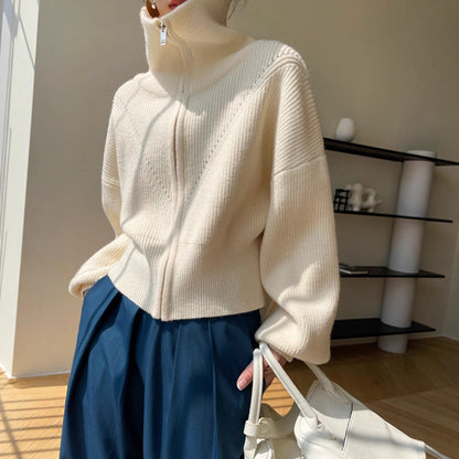 Damen Grobstrick Pullover Übergroß Hohler Kragen Beige - Eveloria