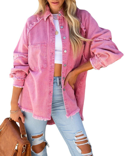 Damen Oversized Denim-Hemdjacke Fransen Detail Blau Eveloria