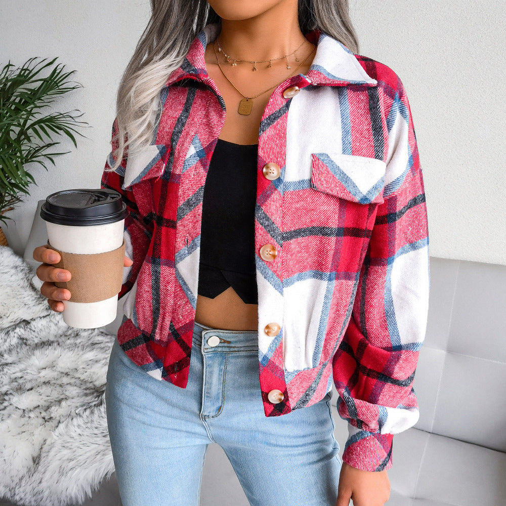 Damen Karo Overshirt mit Druckknöpfen und Brusttaschen