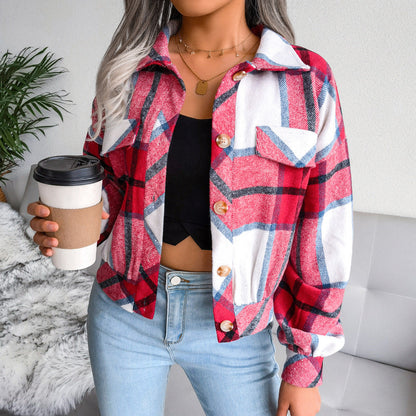 Damen Karo Overshirt mit Druckknöpfen und Brusttaschen