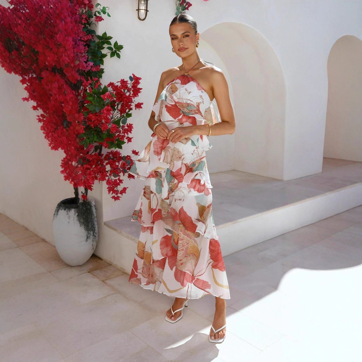 Damen Maxikleid mit Überwurf und Rüschen Floral Elegant