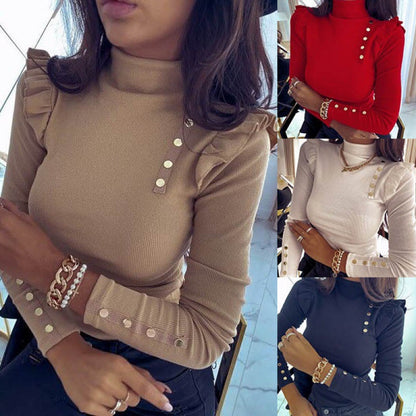 Damen Langarmshirt mit Rüschendetails und Knöpfen