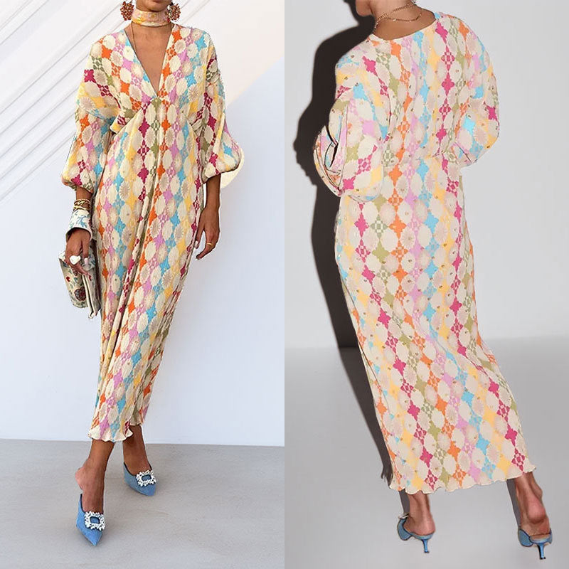 Damen Maxikleid Rautenmuster Voluminöse Ärmel Eveloria