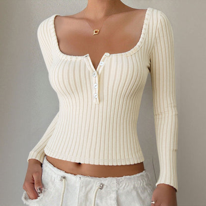 Damen Langarmshirt V-Ausschnitt Knopfdetails Eveloria