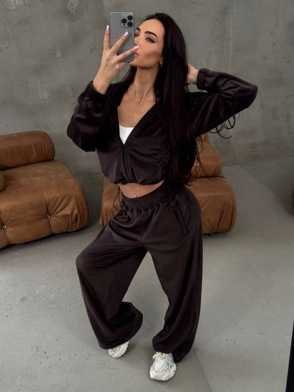 Damen Velours-Loungewear-Anzug Cropped Oberteil Weite Hose