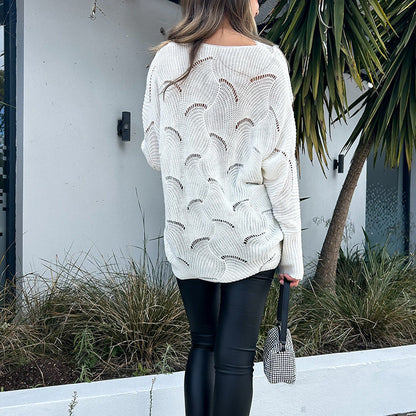 Damen Strickpullover V-Ausschnitt Filigran Lochmusterung Eveloria