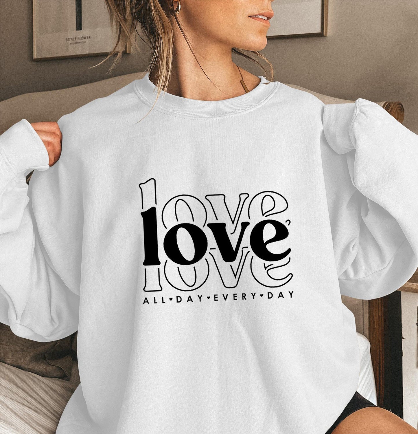 Damen Sweatshirt Voluminöse Ärmel Love-Print Grau Eveloria