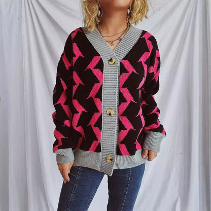 Eveloria Damen Strickjacke Geometrisches Muster Elegante Knöpfe
