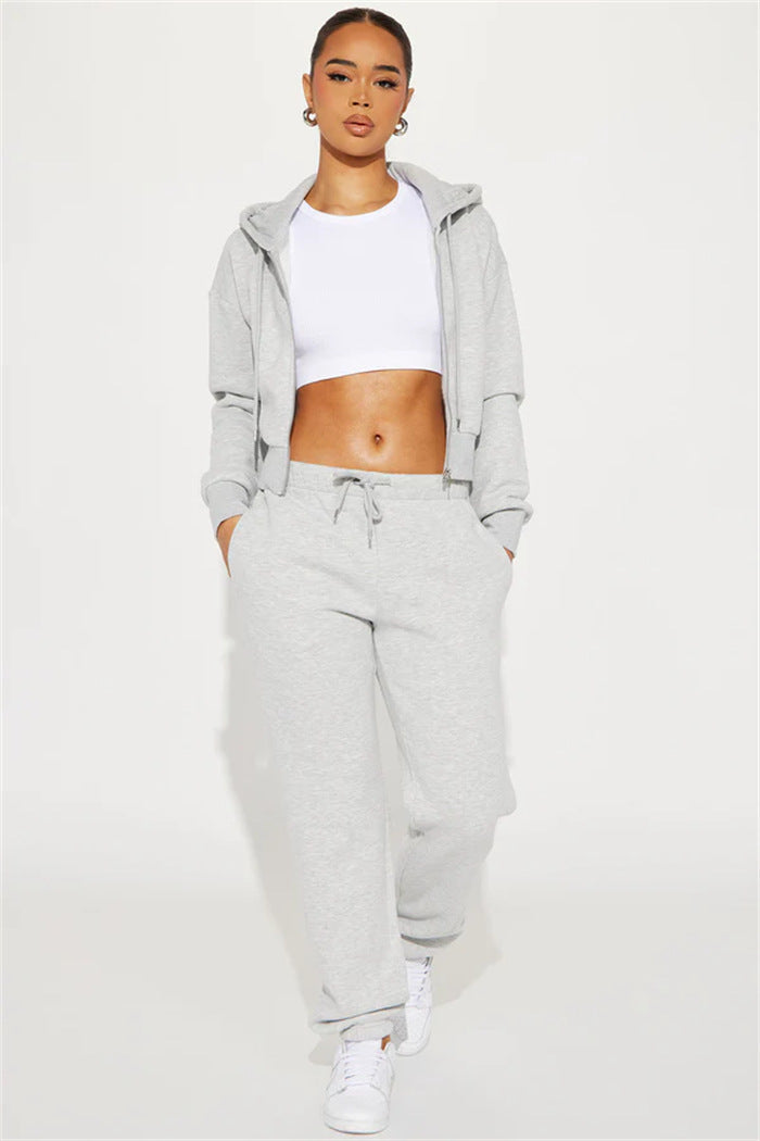 Damen Sweatset Cropped Hoodie Weite Hose Grau