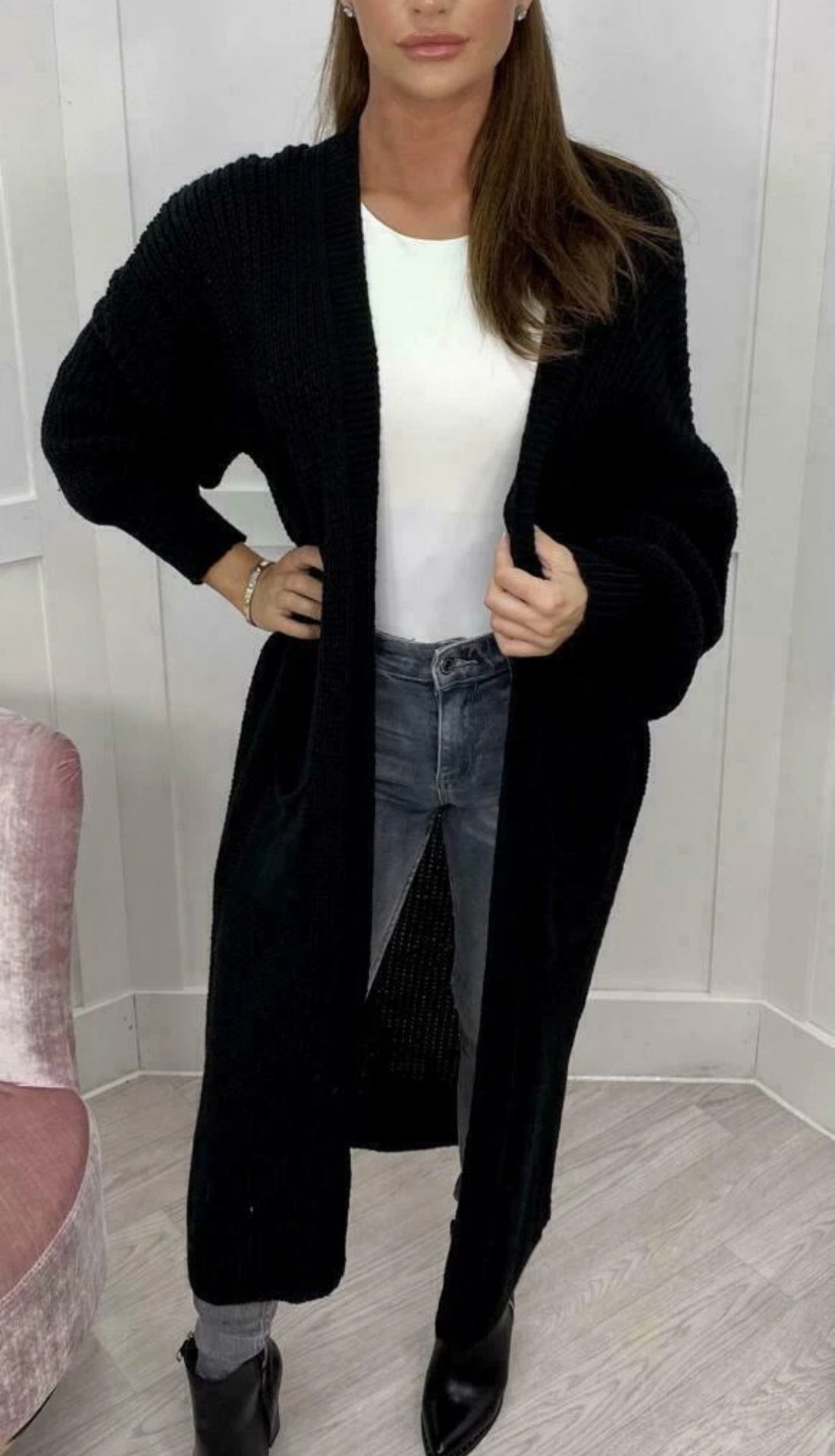 Damen Grobstrickmantel Offen Lässig Beige