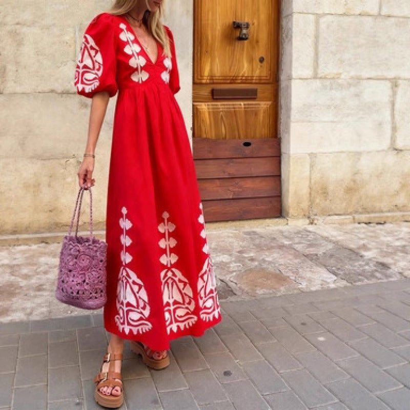 Damen Midikleid Florales Stickdesign Luftige Puffärmel - Eveloria