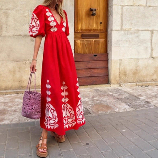 Damen Midikleid Florales Stickdesign Luftige Puffärmel - Eveloria