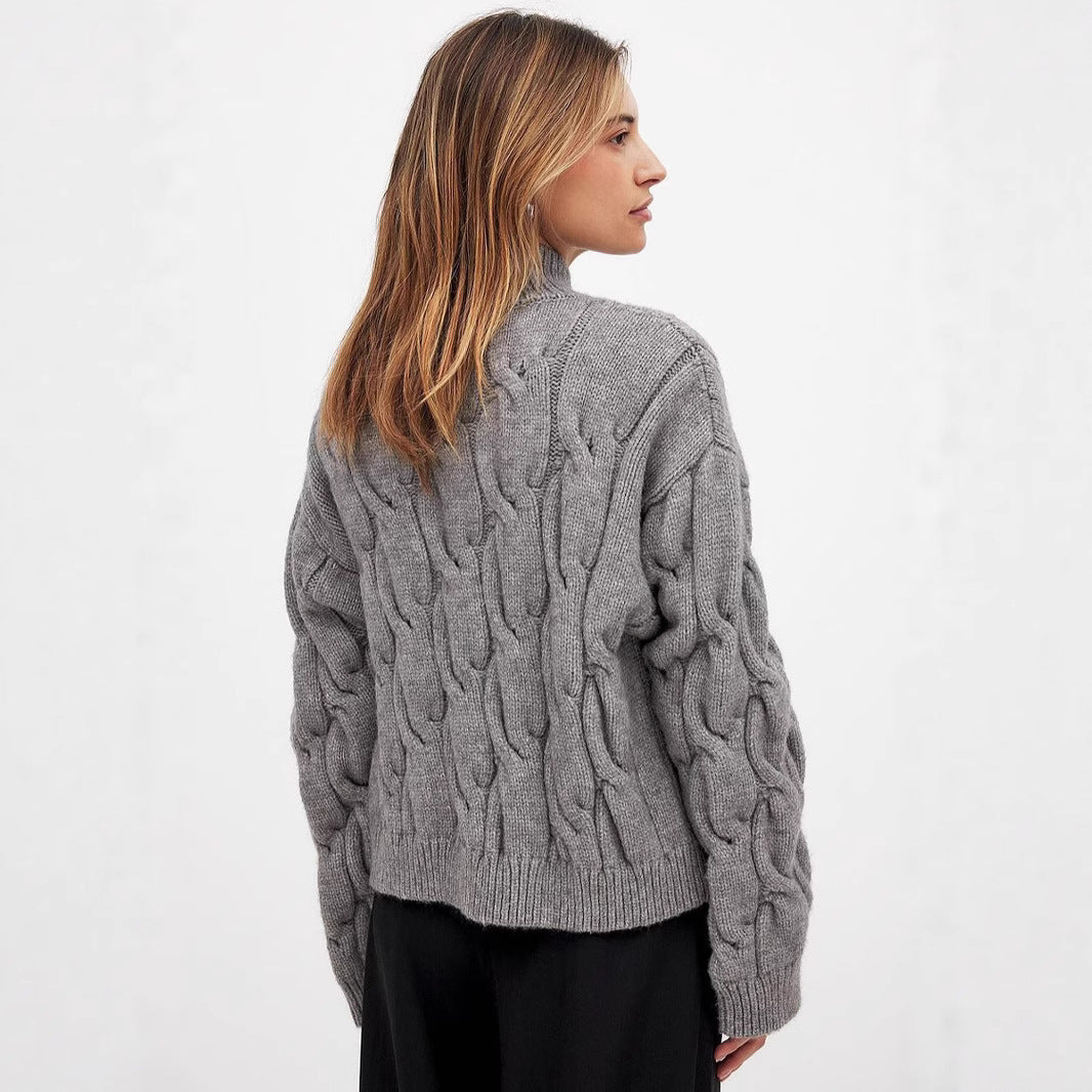 Damen Grobstrickpullover Hohler Kragen Zopfdesign Beige