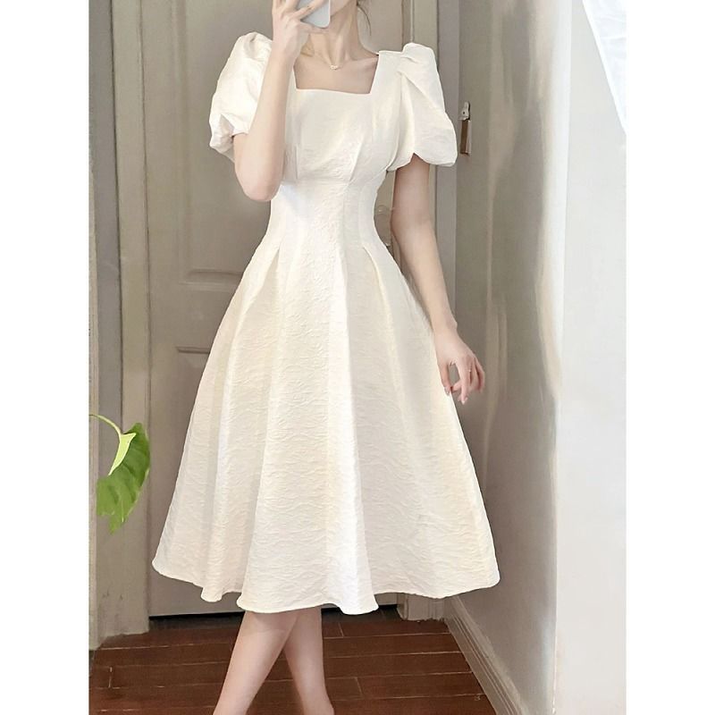 Damen Midi-Kleid Quadratischer Ausschnitt Voluminöse Ärmel - Eveloria
