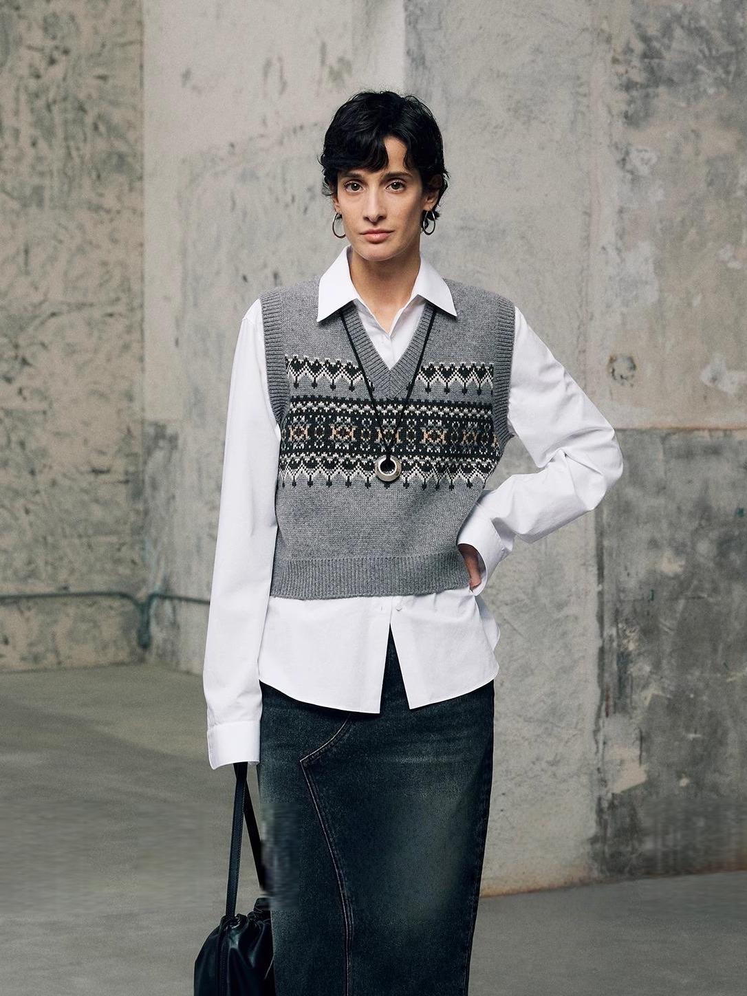 Damen Strickpullover V-Ausschnitt Geometrisches Muster Eveloria