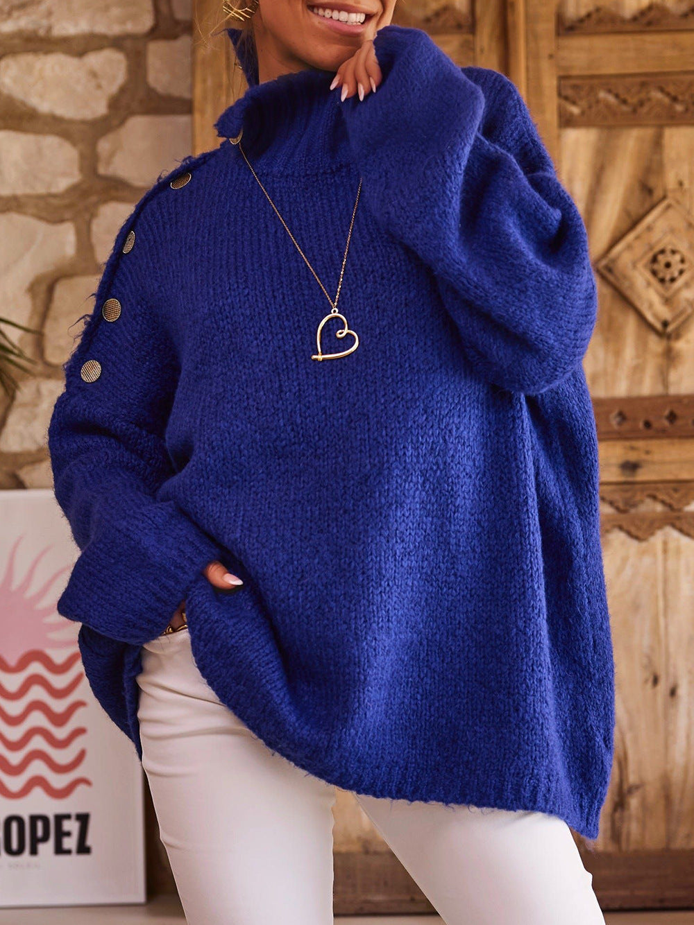 Damen Oversized Strickpullover Hochkragen Dekorative Knöpfe