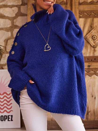 Damen Oversized Strickpullover Hochkragen Dekorative Knöpfe