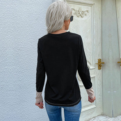 Damen Langarm T-Shirt Colorblock Muster Weiß