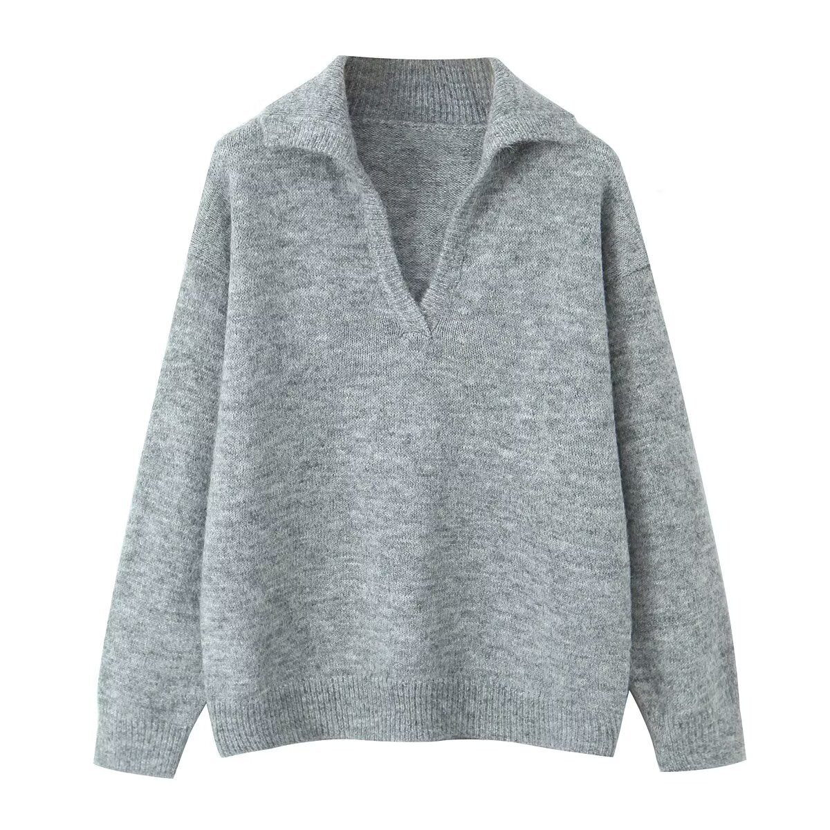 Damen Strickpullover Stehkragen V-Ausschnitt Eveloria