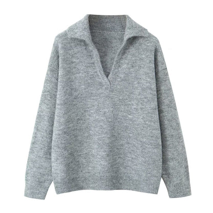 Damen Strickpullover Stehkragen V-Ausschnitt Eveloria