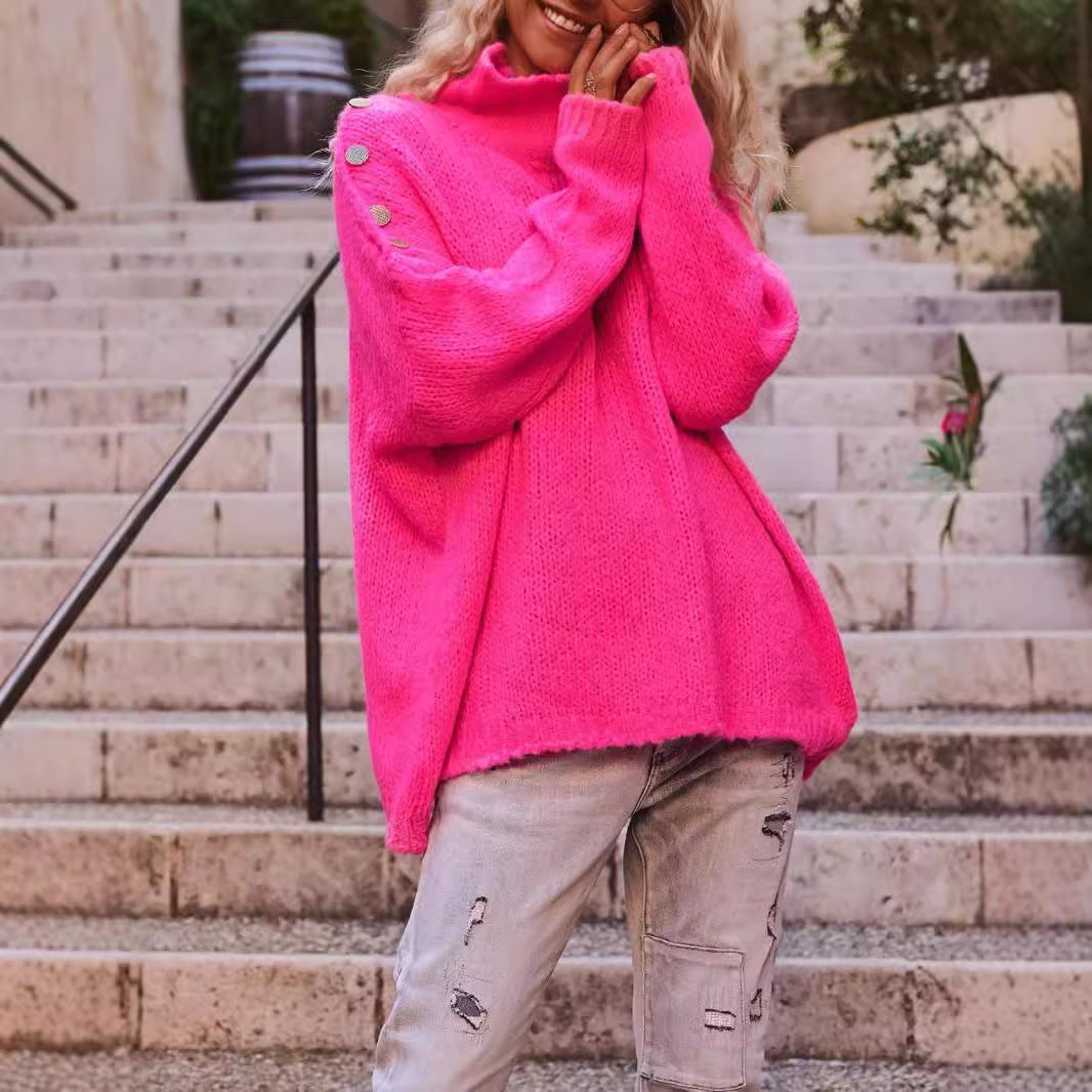 Damen Oversized Strickpullover Hochkragen Dekorative Knöpfe