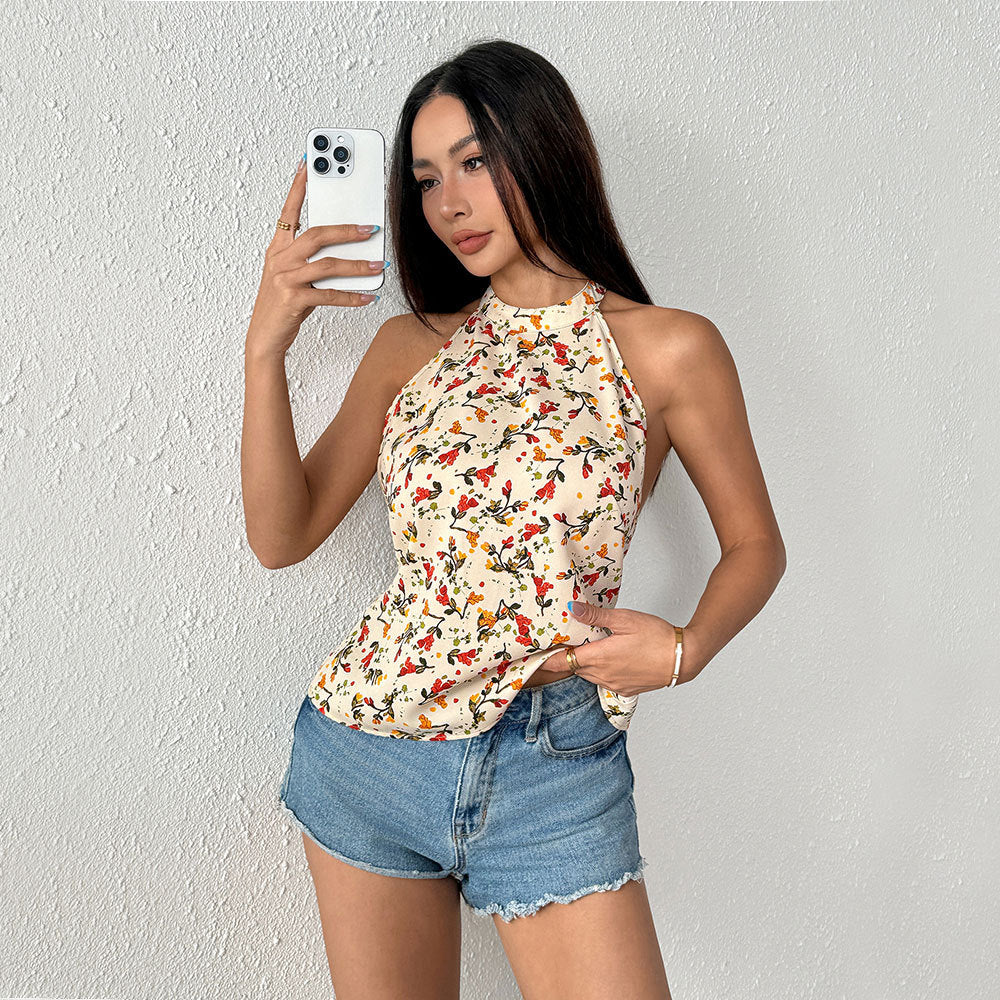 Damen Halterneck- Florales Design Schwingender Saum