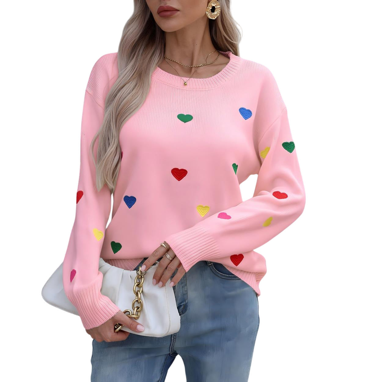 Damen Pullover Bunt Herzdesign Weites Design