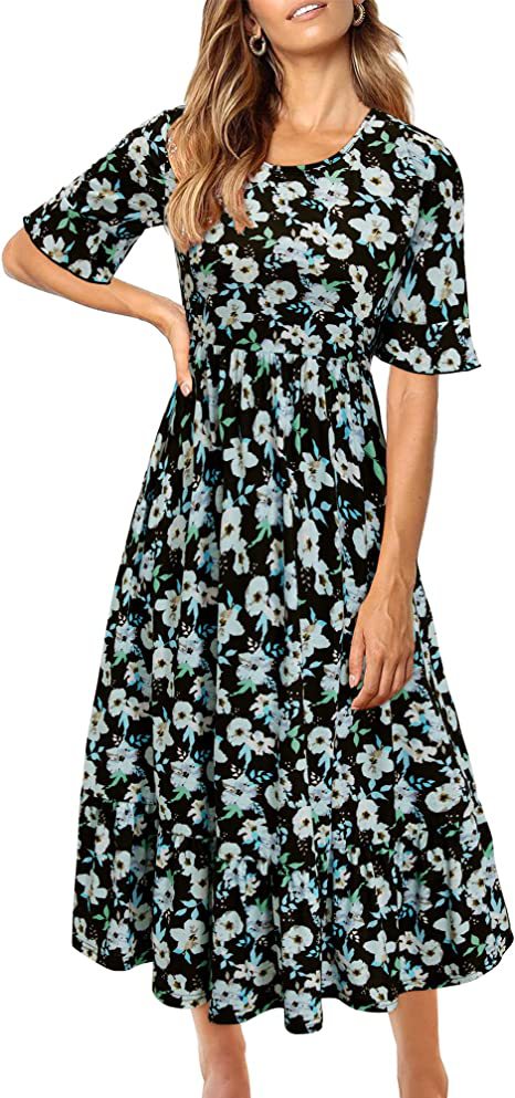 Damen Midikleid Floralmuster Rüschenabschluss Eveloria