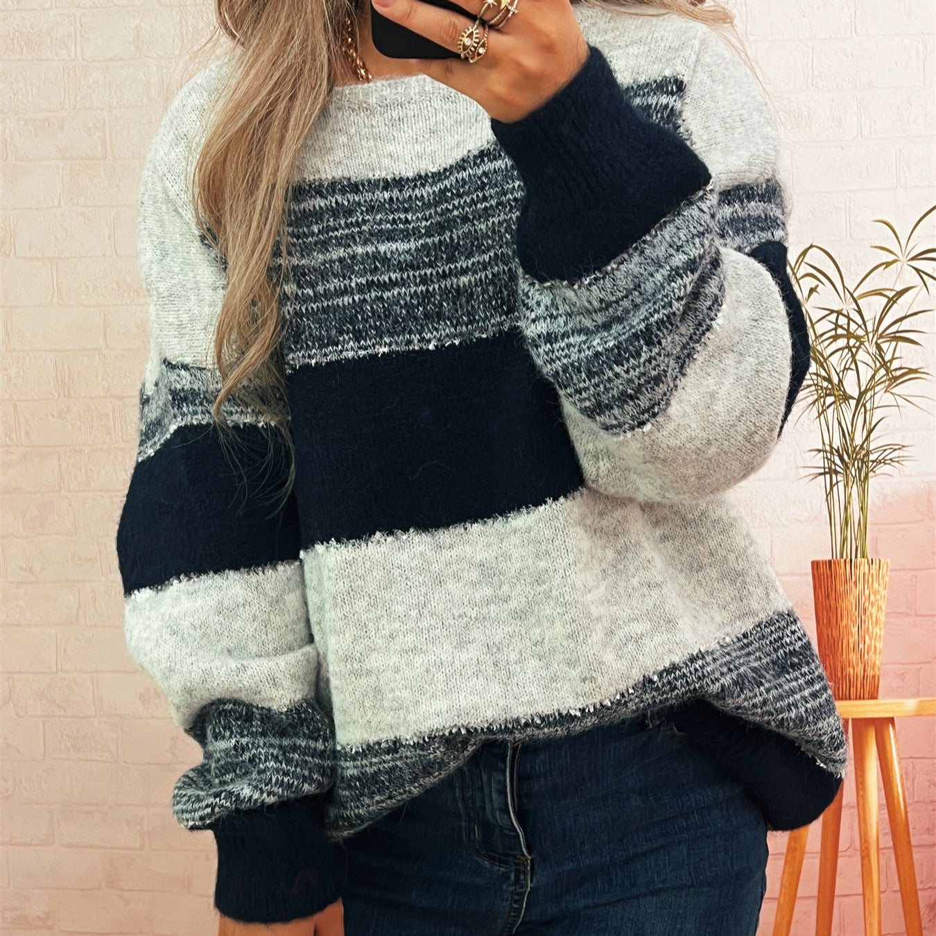 Damen Oversized-Pullover Streifenmuster Lässig Grau
