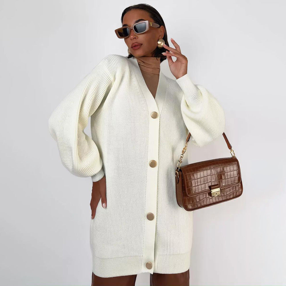 Damen Strickmantel Oversized Elegant Knöpfe Beige