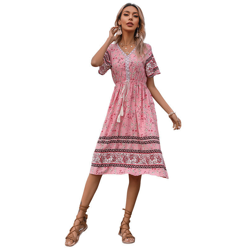Damen Sommerkleid Boho florales Design Taillenzug