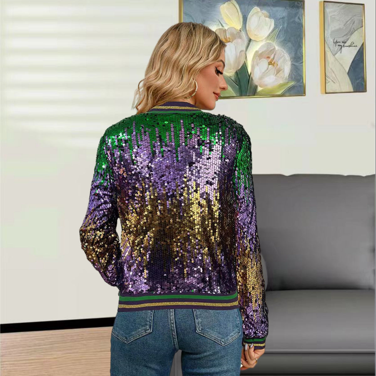 Damen Bomberjacke Glitzernd mit Pailletten