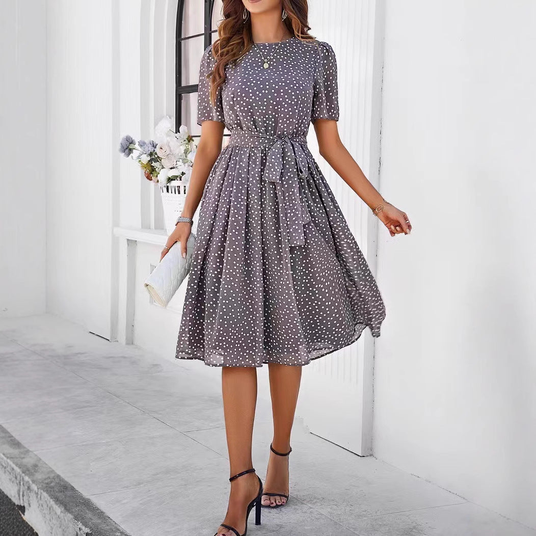 Damen Midikleid mit Punktedesign und Taillengürtel Schwarz - Eveloria