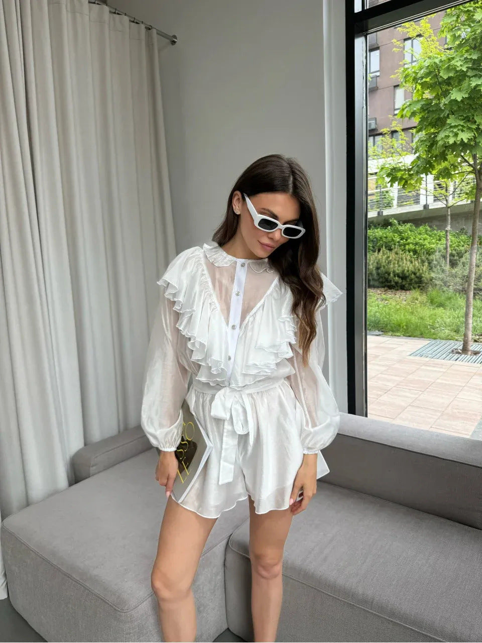 Damen Chiffon-Set mit Rüschendetails und Taillengürtel